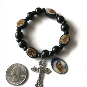 Our Lady Rosary Black Wooden Cross Bracelet 8" NEW